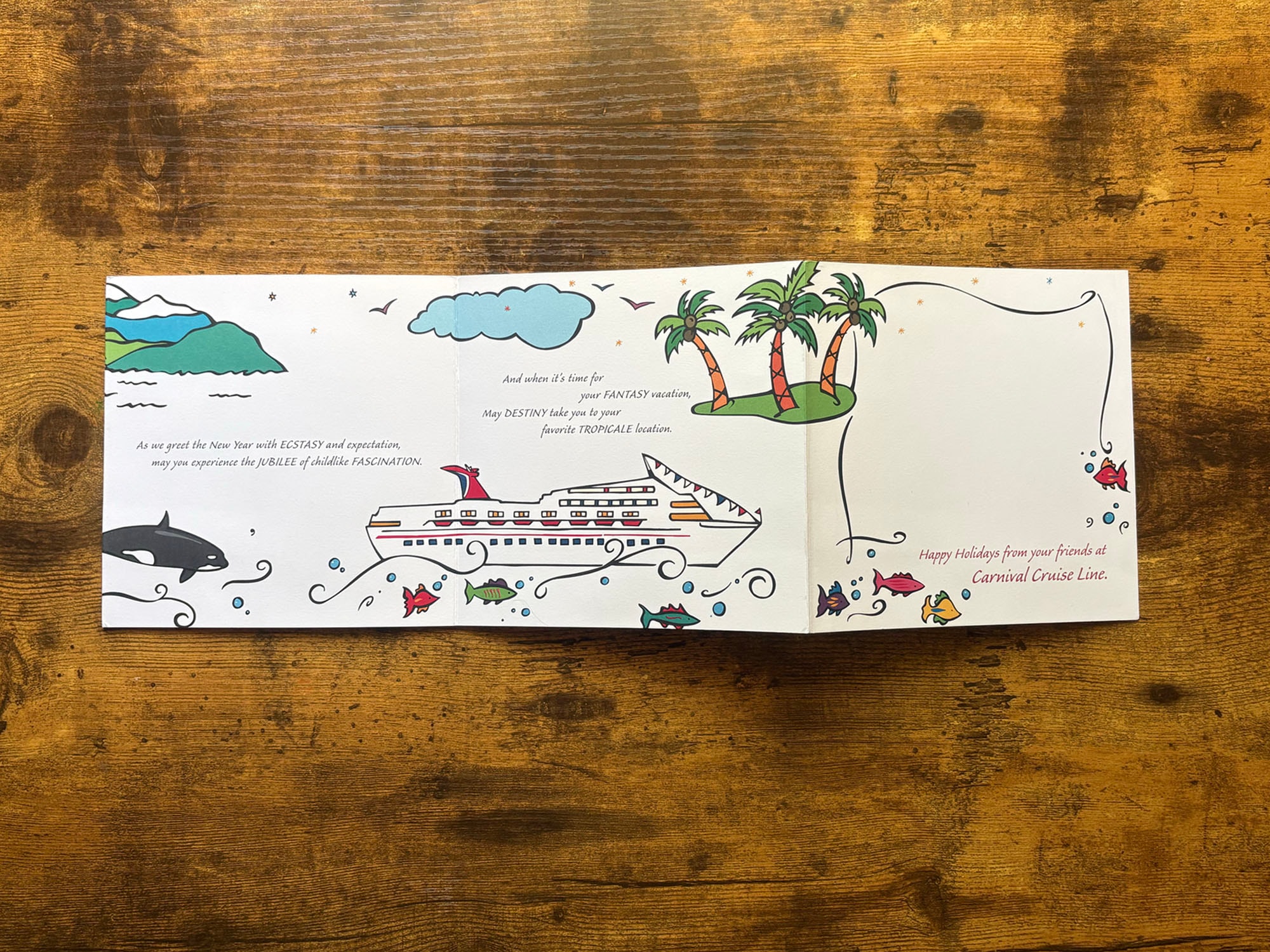 Carnival Cruise Line holiday card last inside spread with cruise ship