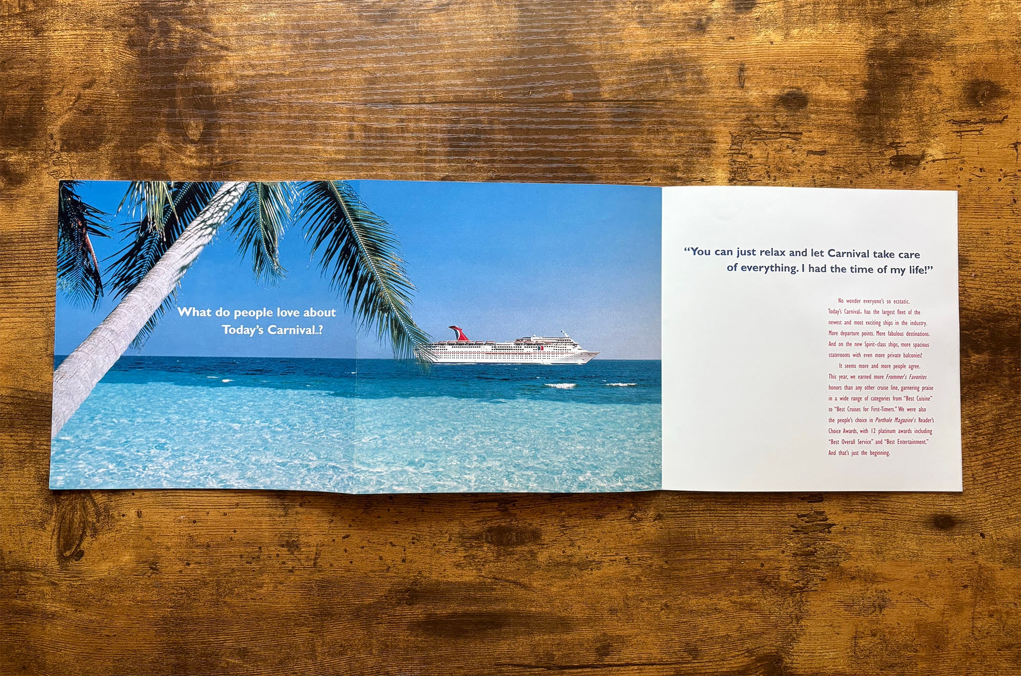 Today's Carnival brochure inside spread — tropical beach and ship
