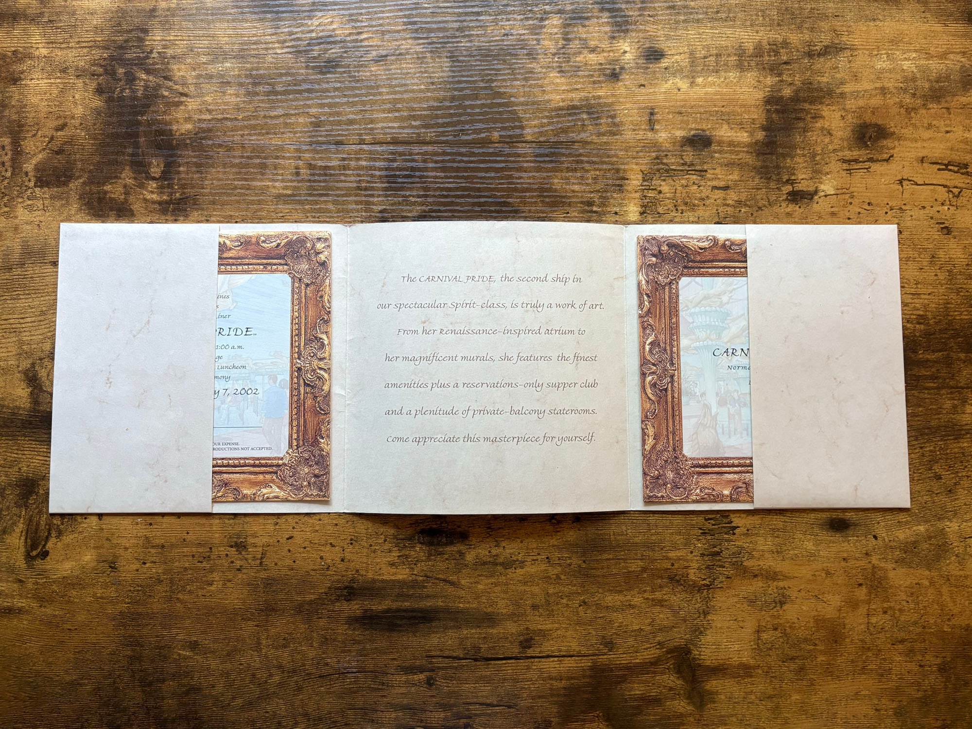 Carnival Pride invitation inside spread with ornate gold frame and copy