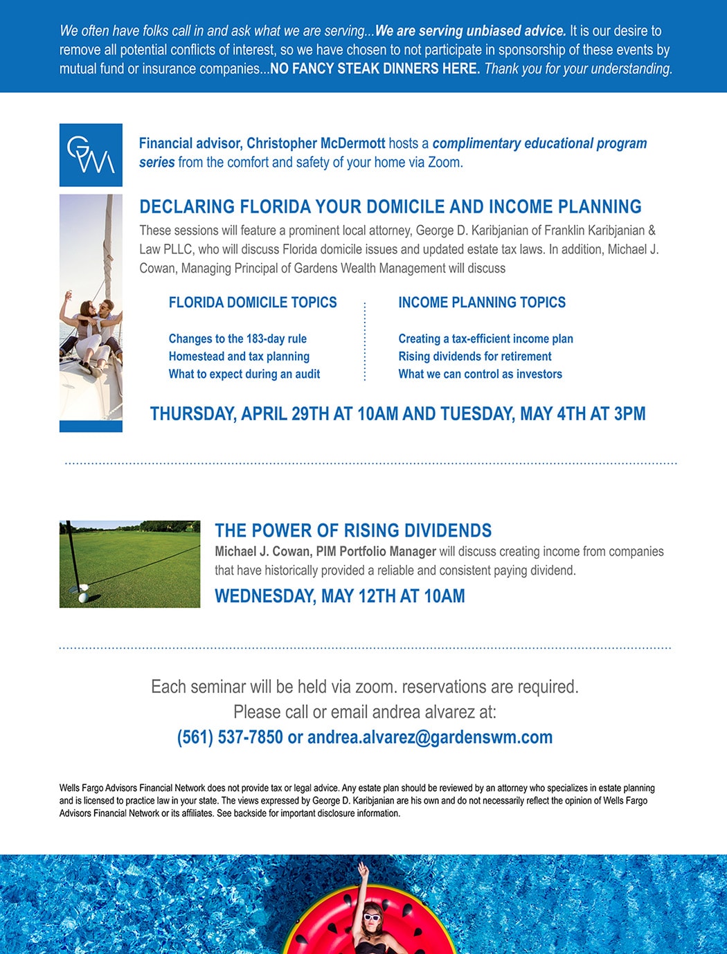 Gardens Wealth Management direct mail inside — seminar details and financial planning topics