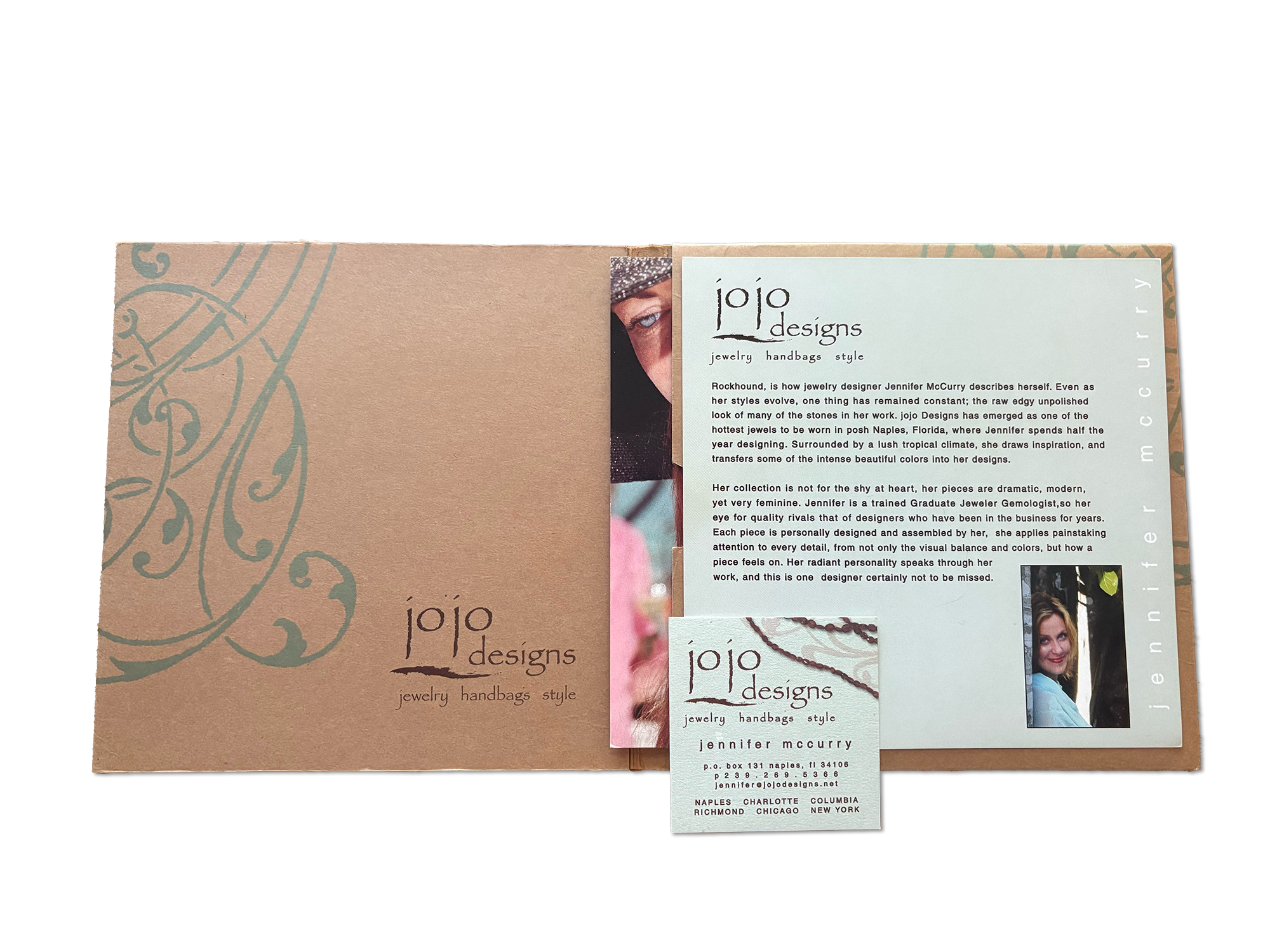 JoJo Designs press kit open showing bio sheet with designer photo and business card