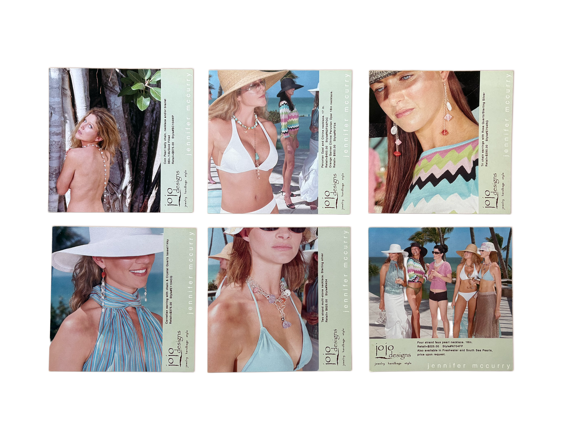 JoJo Designs product spec sheets laid out on wood surface showing jewelry photography and pricing
