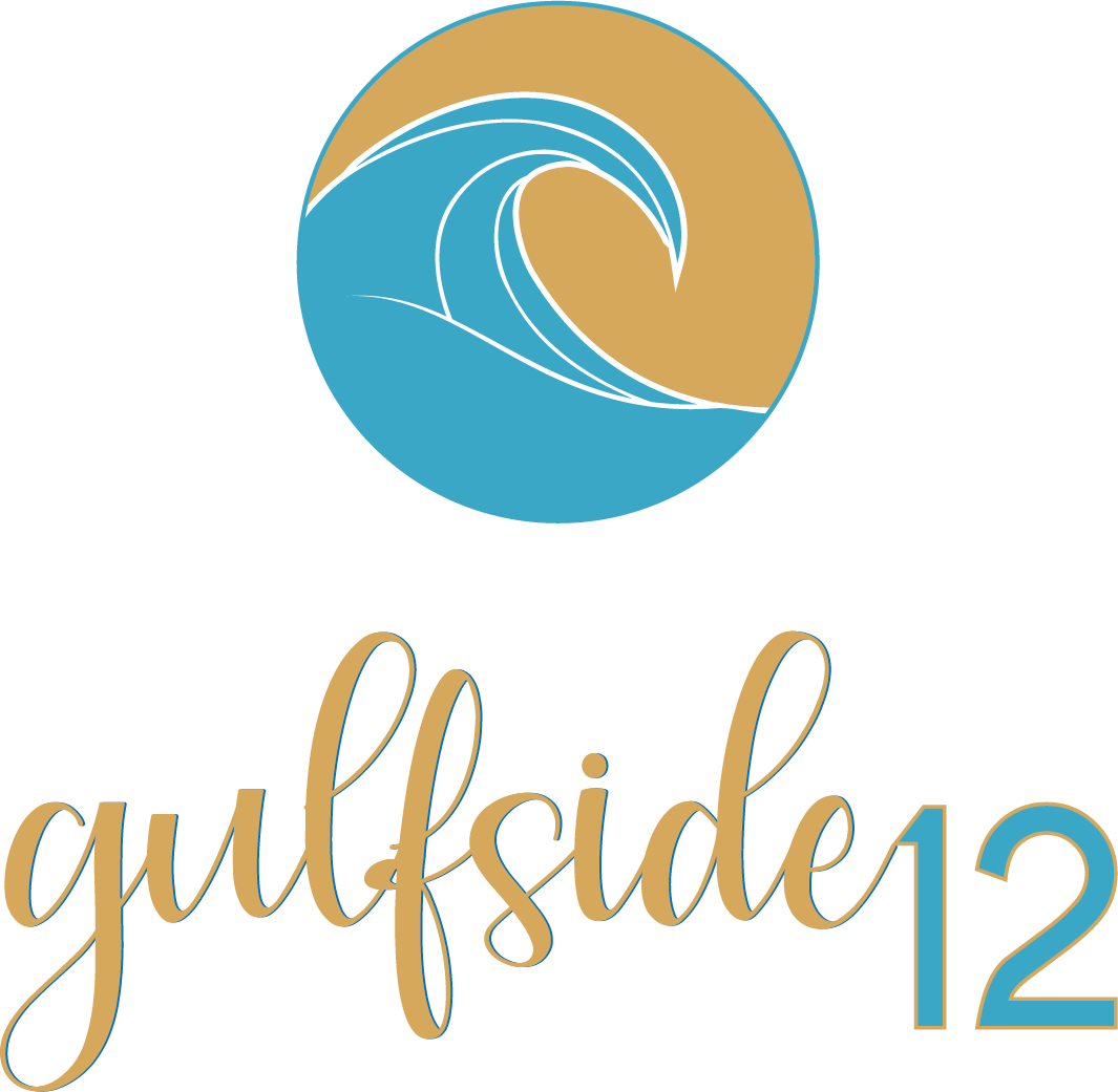 Gulfside 12 logo — wave circle mark in teal and gold with script wordmark