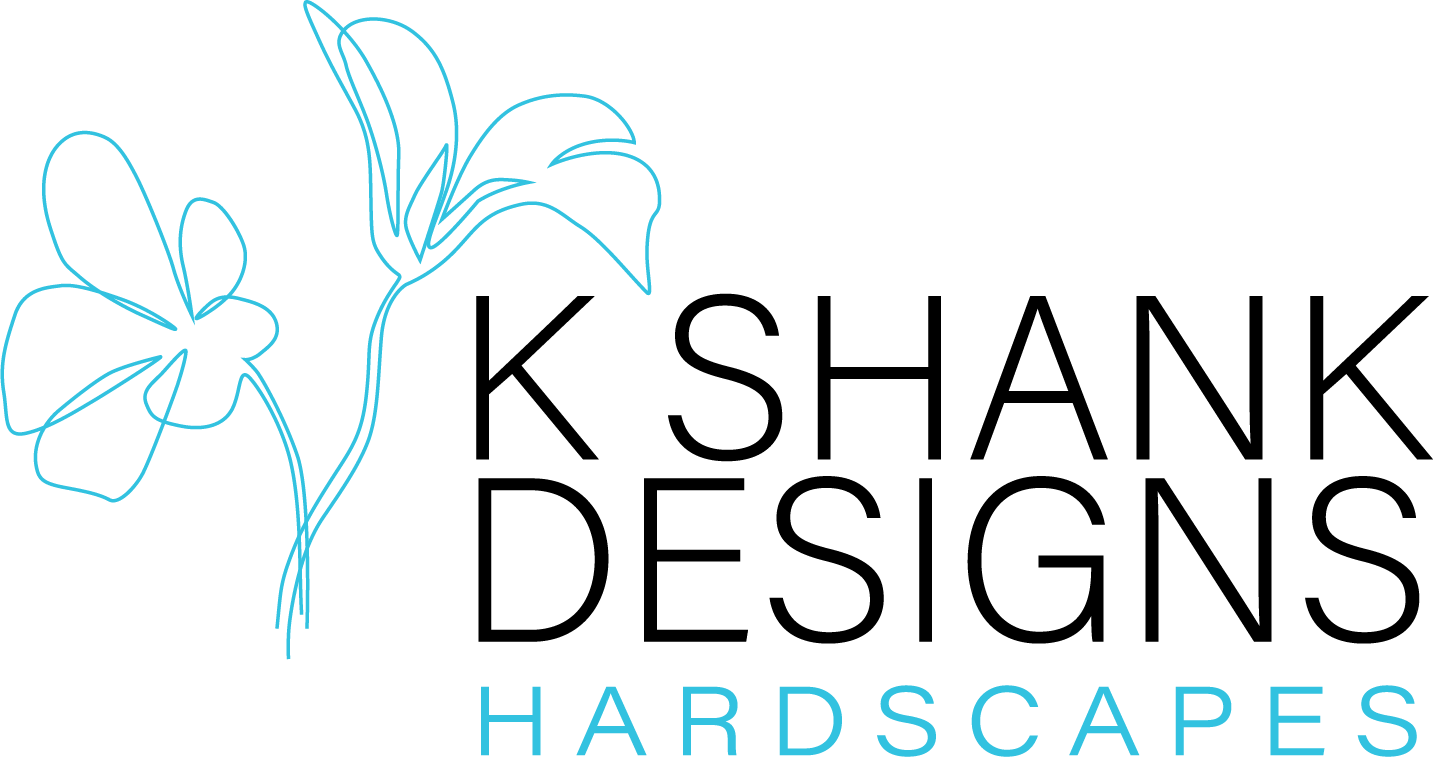 K Shank Designs Hardscapes logo — minimalist line-drawn floral motif in cyan with bold sans-serif type