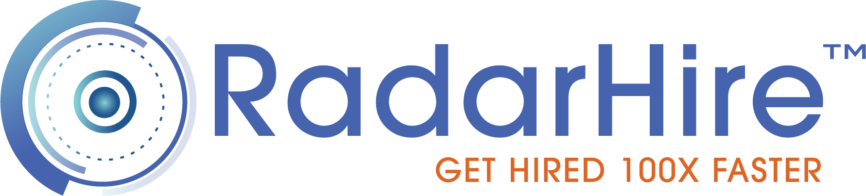 RadarHire logo — radar circle mark in teal and blue with tagline Get Hired 100X Faster