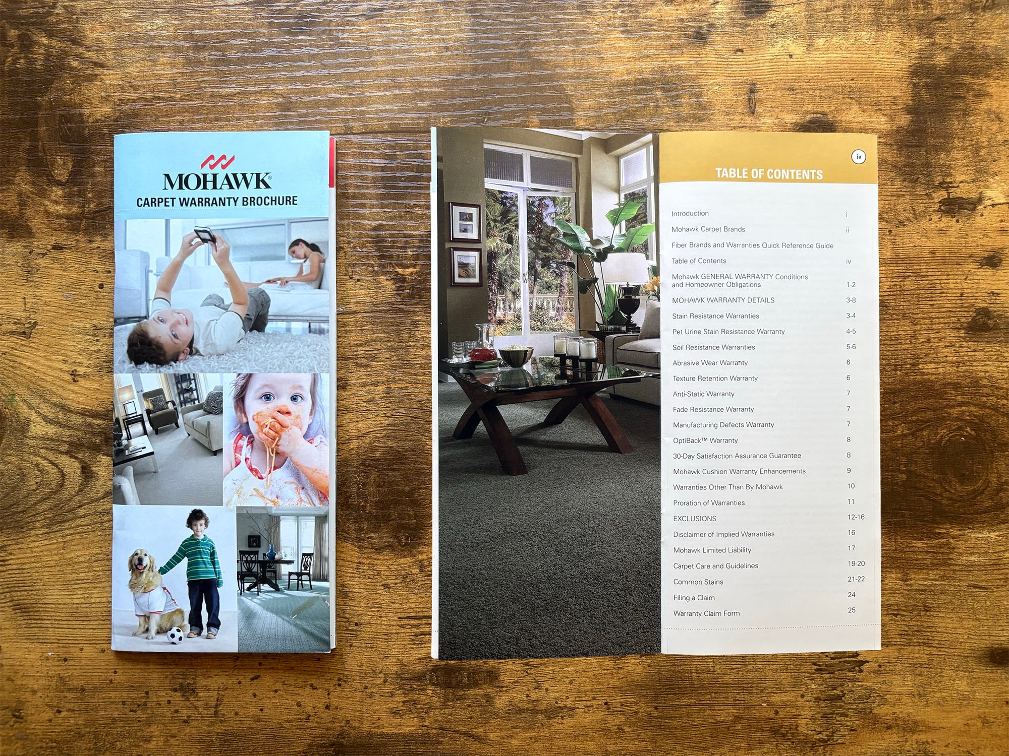 Mohawk Carpet Warranty Brochure cover and table of contents spread