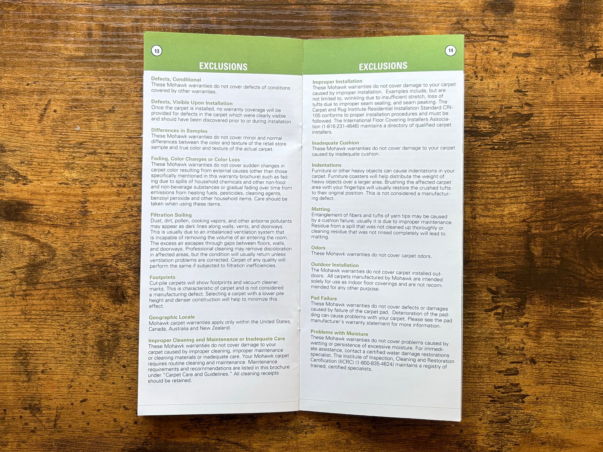 Mohawk Carpet Warranty Exclusions spread pages 13–14