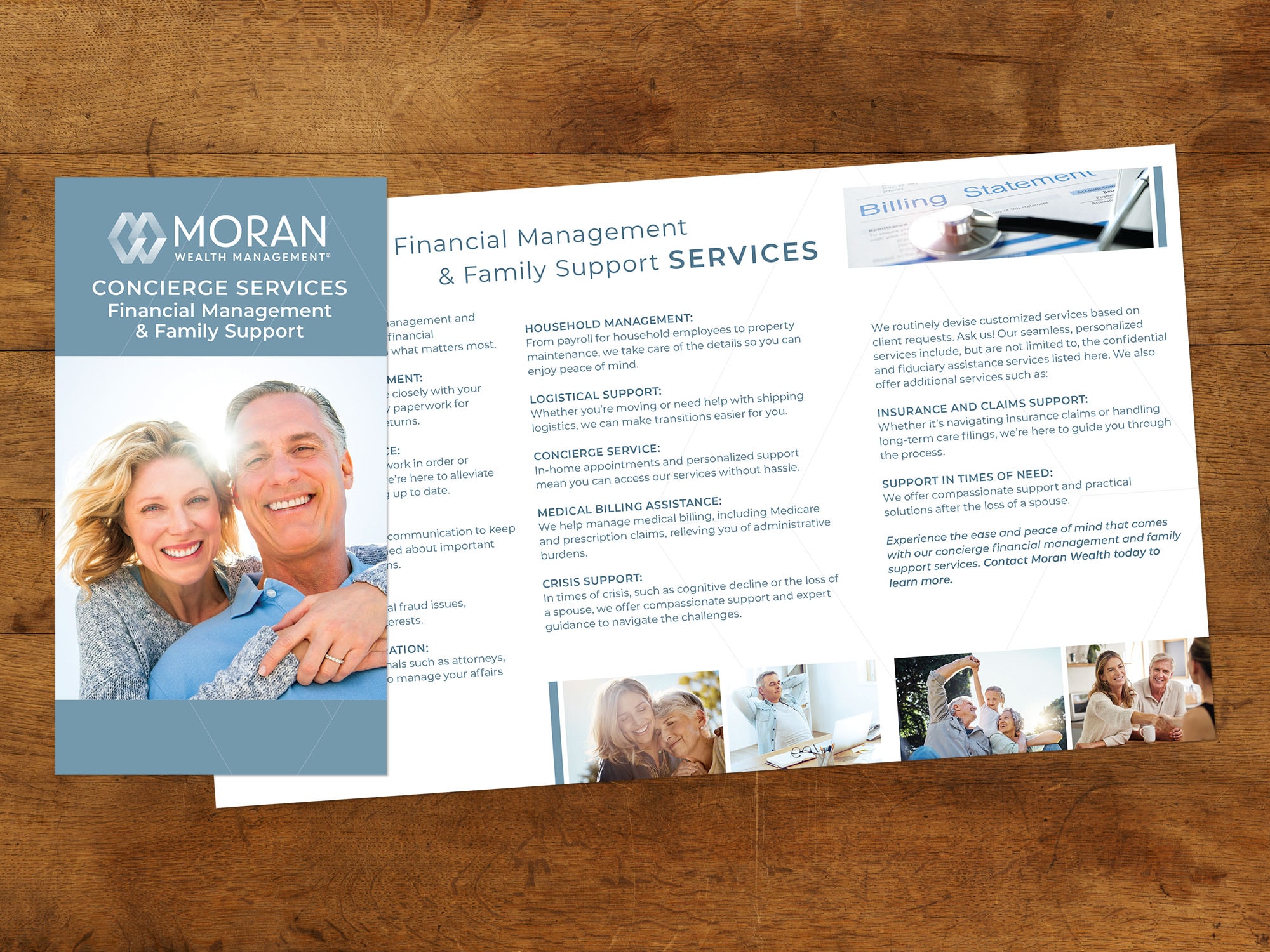 Moran Wealth Management — Concierge Services Brochure showing Financial Management and Family Support services.
