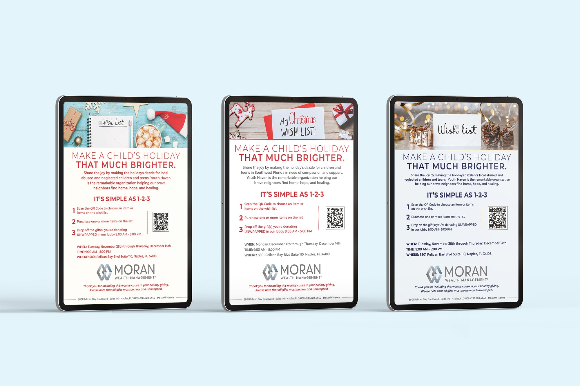 Moran Wealth Management — Youth Haven Holiday e-blast options showing three iPad mockups of holiday campaign designs.