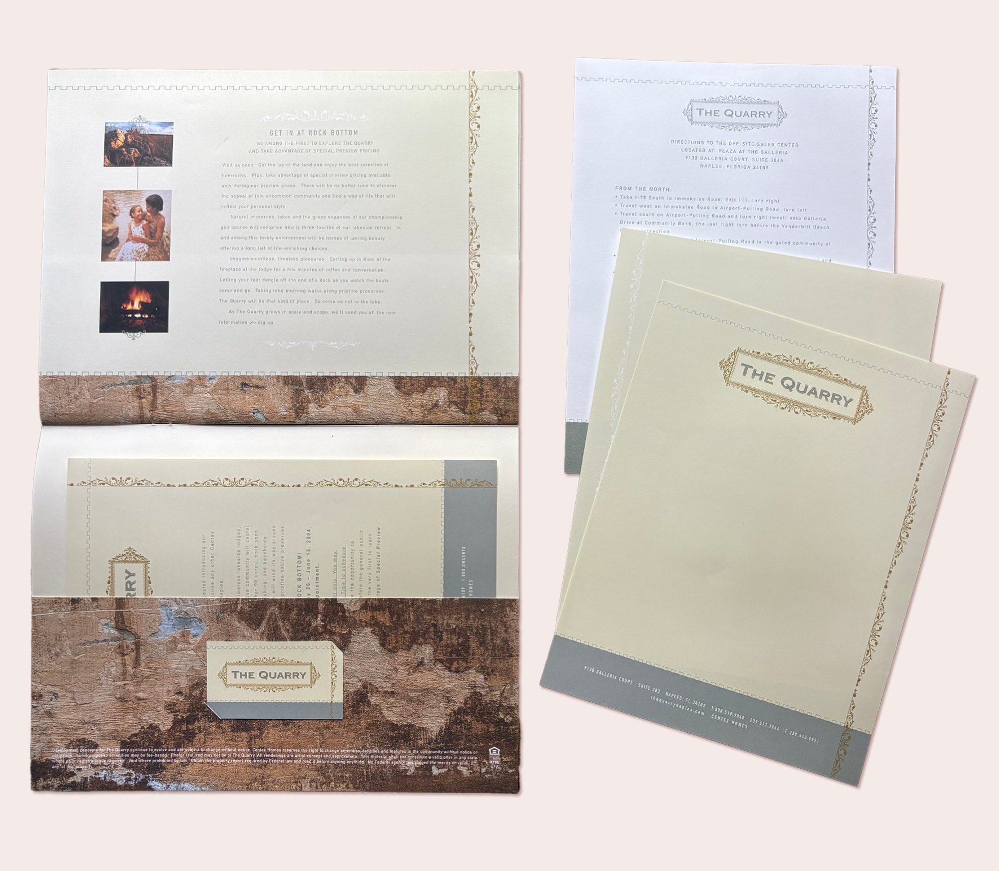 The Quarry — full collateral suite including brochure, stationery, and direct mail