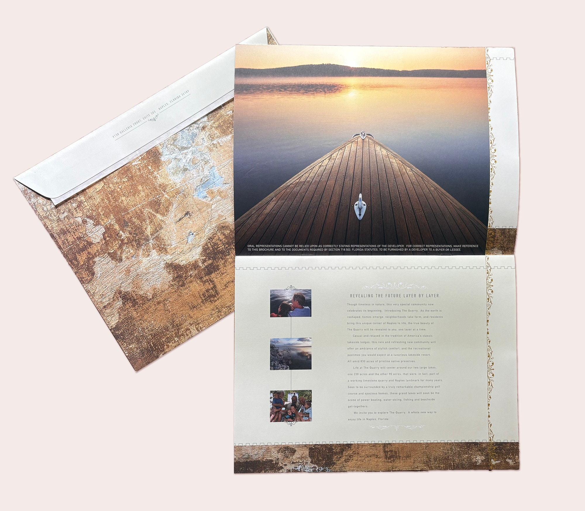 The Quarry — inside spread with dock and lake sunset photography