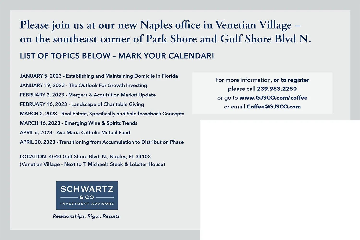 Schwartz & Company Coffee & Conversation direct mail postcard — back